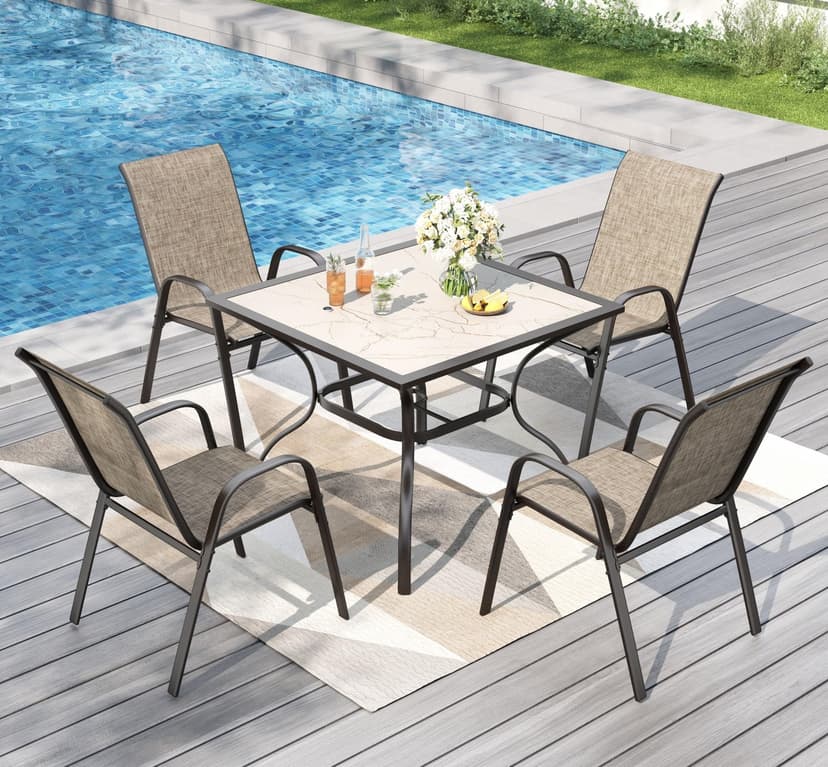 PHI VILLA 5 Piece Outdoor Dining Set with 4 Stackable Patio Chairs and a 37'' Carbon Crystal Patio Table, All Weather Small Patio Furniture Set for Deck Lawn Garden Poolside Backyard