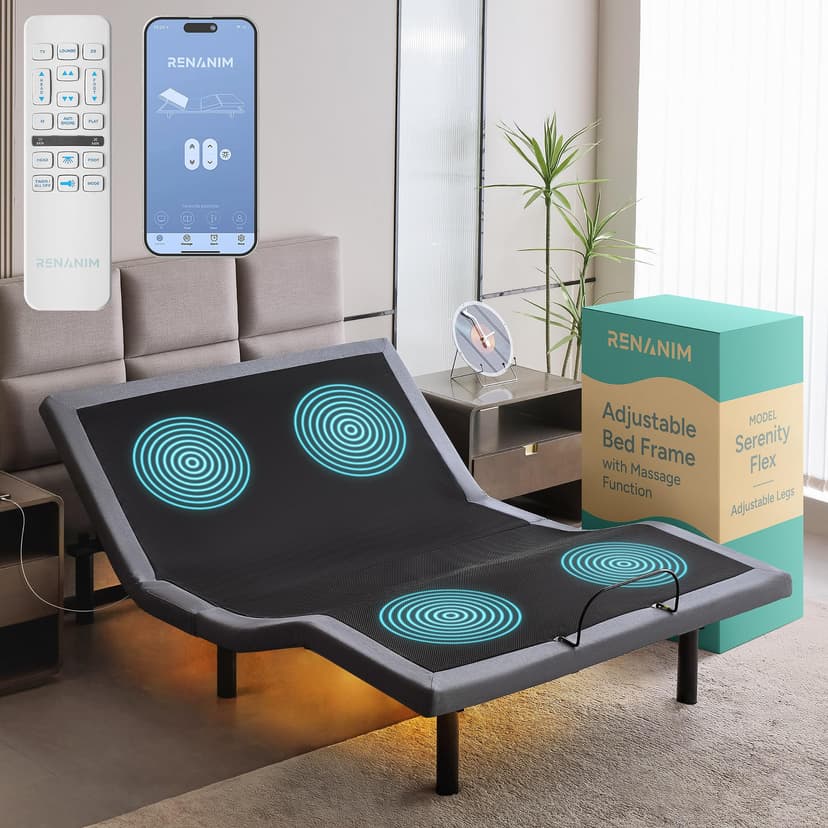 Renanim SF Adjustable Bed Frame with Massage - Queen Adjustable Bed Only, USB Ports, UnderBed Light Zero Gravity Electric Base