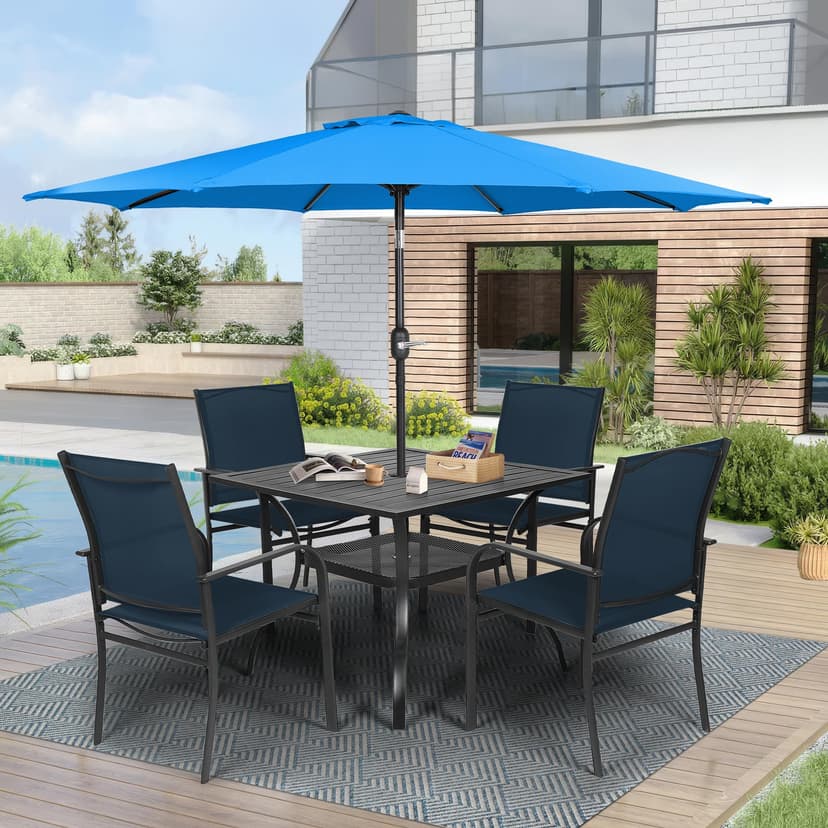 Crownland 5 Piece Patio Dining Set, Textilene Dining Sets, 4 Textilene Metal Chairs and Square Outdoor Dining Table with Sky Blue 9FT Round Outdoor Umbrella