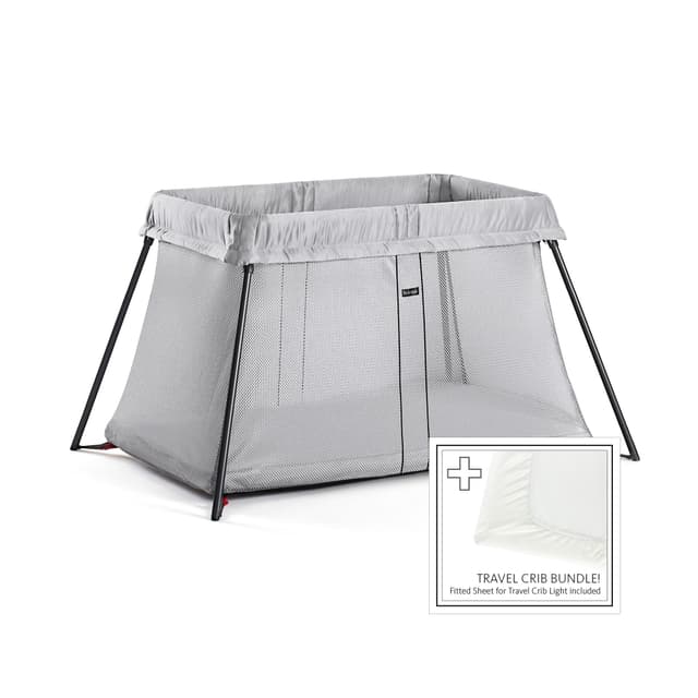 BABYBJORN Travel Crib Light - Silver + Fitted Sheet Bundle Pack ,Silver, One Size