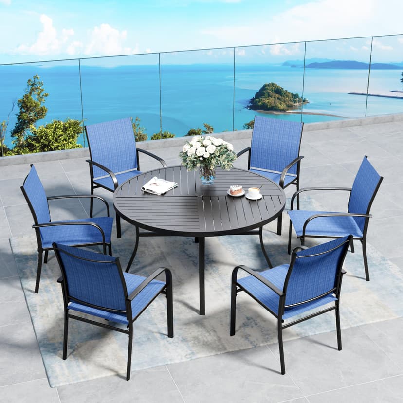 SUNSHINE VALLEY 7 Piece Outdoor Dining Set for 6, 54" Round Metal Table with Umbrella Hole, 6 Blue Dining Chairs, Patio Table and Chairs Set for Backyard Lawn