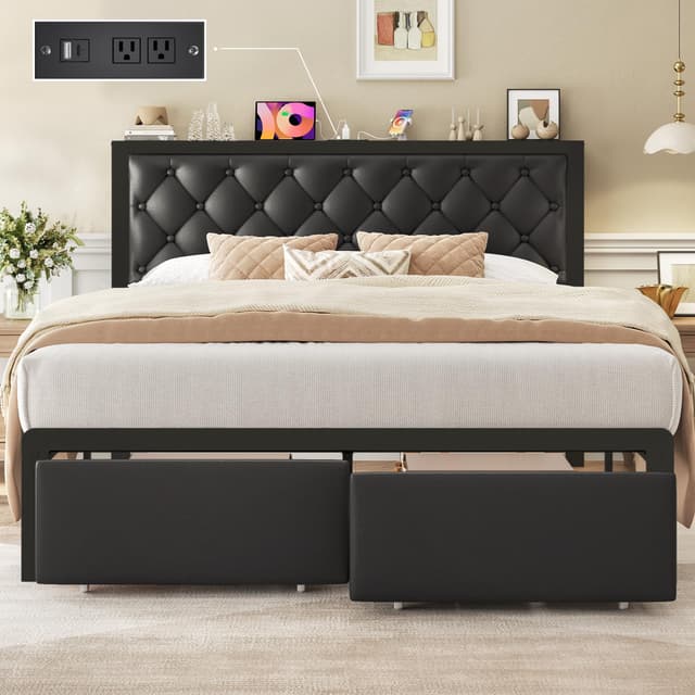 Fluest Queen Bed Frame with 2 Storage Drawers, Upholstered Headboard Button Tufted Bed Frame with Charging Station, No Box Spring Needed, Noise-Free, All Metal Structure, Black