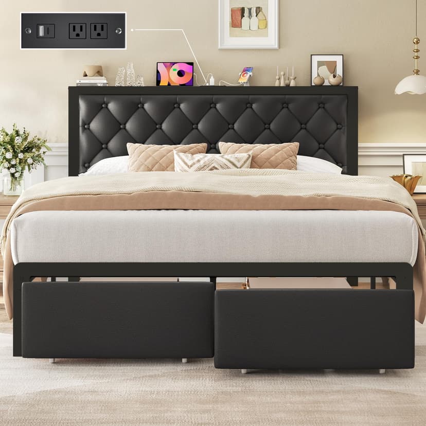 Fluest Queen Bed Frame with 2 Storage Drawers, Upholstered Headboard Button Tufted Bed Frame with Charging Station, No Box Spring Needed, Noise-Free, All Metal Structure, Black