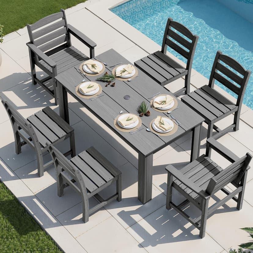 SERWALL Outdoor Dining Sets for 6, HDPE Dining Sets with 1 Umbrella Hole Cut-Out Rectangular Table and 4 Armless Chairs and 2 Armchairs, Patio Dining Sets, Gray
