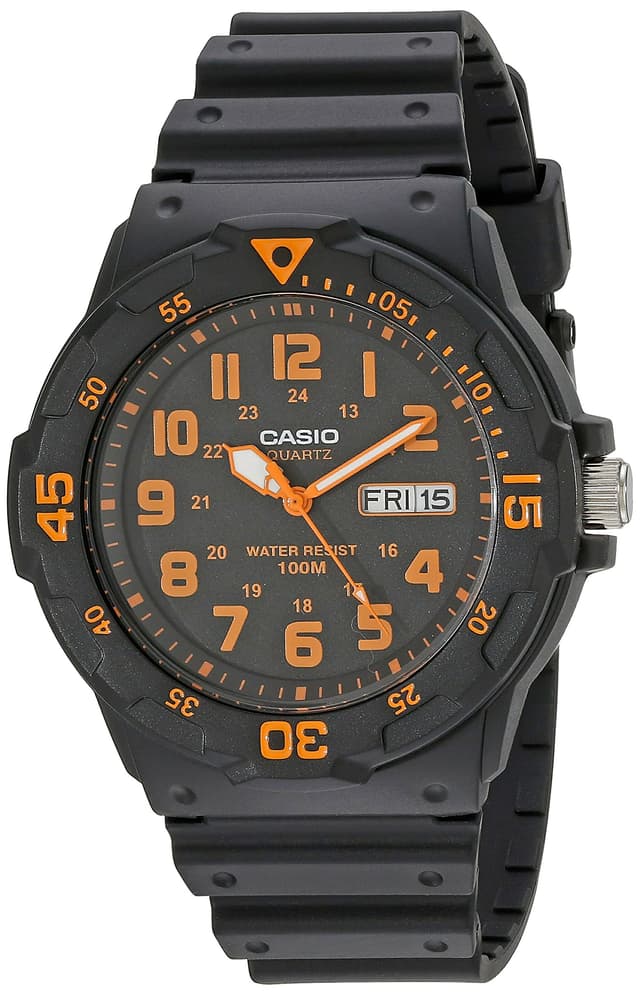 Casio MRW200H Series | Unisex Analog Watch | Black/Orange| 100M WR | Stainless Steel Case | Resin Band | 2 Hand Analog (HR, Min, SEC) | Date Display | Screw Down Crown/Screw Down Caseback | 3 Yr Batt