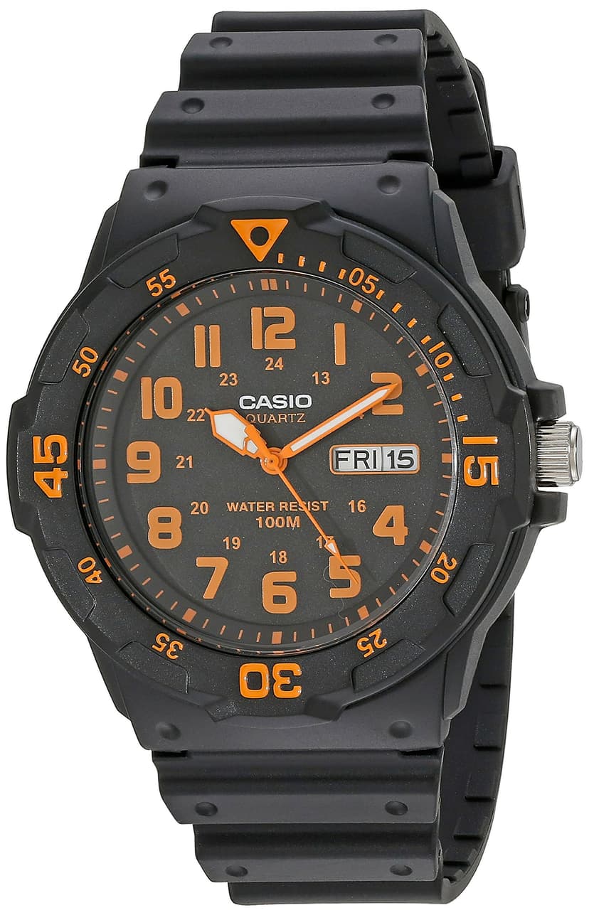 Casio MRW200H Series | Unisex Analog Watch | Black/Orange| 100M WR | Stainless Steel Case | Resin Band | 2 Hand Analog (HR, Min, SEC) | Date Display | Screw Down Crown/Screw Down Caseback | 3 Yr Batt