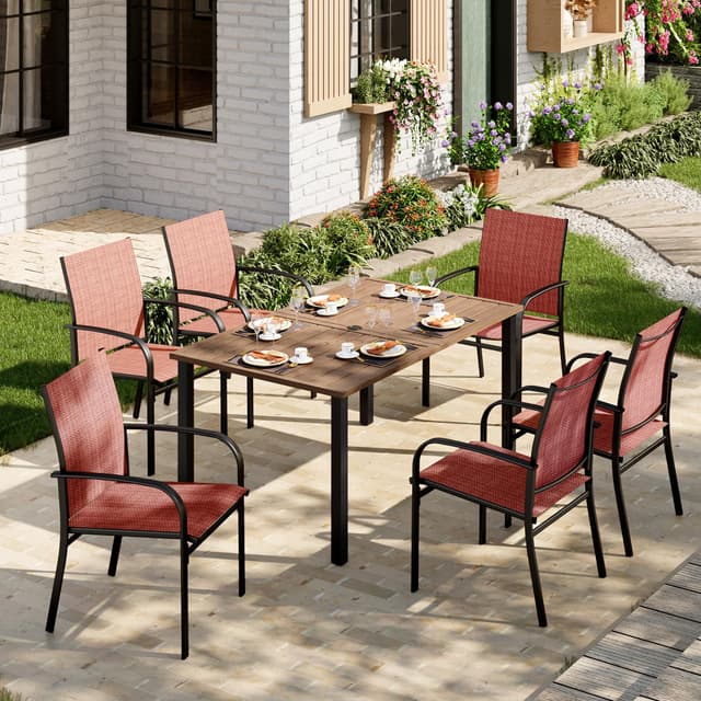 MIXPATIO Patio Table and Chairs Set, Outdoor Dining Set for 6 with Red Chairs and Teak Color Tabletop Outdoor Dining Table, 7-Piece Patio Furniture Set for Deck Backyard Lawn