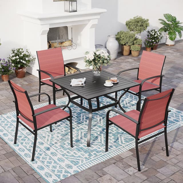 SUNSHINE VALLEY 5 Piece Patio Dining Set for 4, 37”x37” Square Table with Umbrella Hole, 4 Metal Red Chairs, Outdoor Table and Chairs Set for Lawn Backyard and Deck