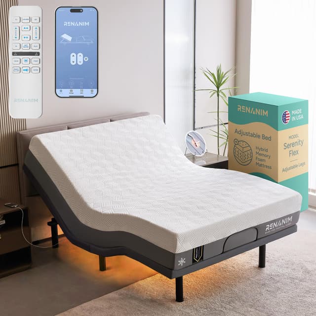 Renanim SF Queen Electric Adjustable Bed Frame with 12" Hybrid Memory Foam Mattress - Adjustable Mattress Base with Electric Massage, USB, UnderBed Light & Wireless Remote