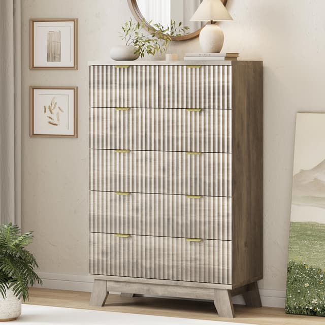 Xixini Fluted Dresser for Bedroom with 6 Drawers, 46" Tall Modern Chest of Drawers with Metal Handle, Wooden Dresser TV Stand, Wood Closet Clothes Storage Organizer for Living Room, Hallway, Grey