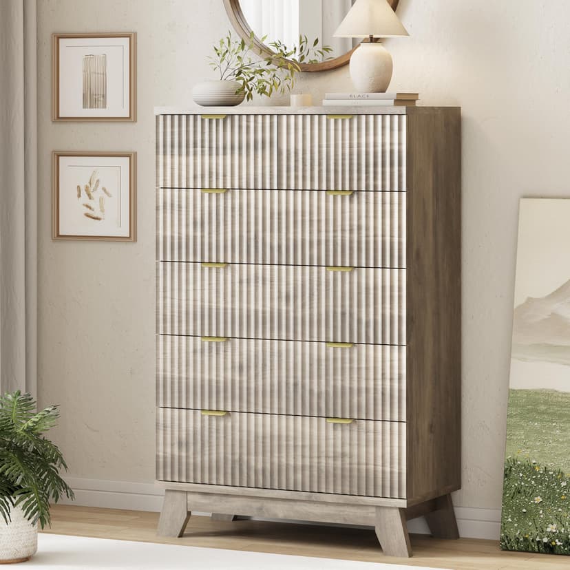 Xixini Fluted Dresser for Bedroom with 6 Drawers, 46" Tall Modern Chest of Drawers with Metal Handle, Wooden Dresser TV Stand, Wood Closet Clothes Storage Organizer for Living Room, Hallway, Grey