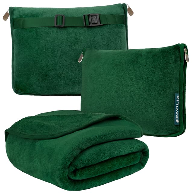 PAVILIA Travel Blanket Pillow, Soft Airplane Blanket 2-in-1 Combo Set, Plane Blanket Compact Packable, Flight Essentials Car Pillow, Travelers Gifts Accessories, Luggage Backpack Strap, 60x43 Green