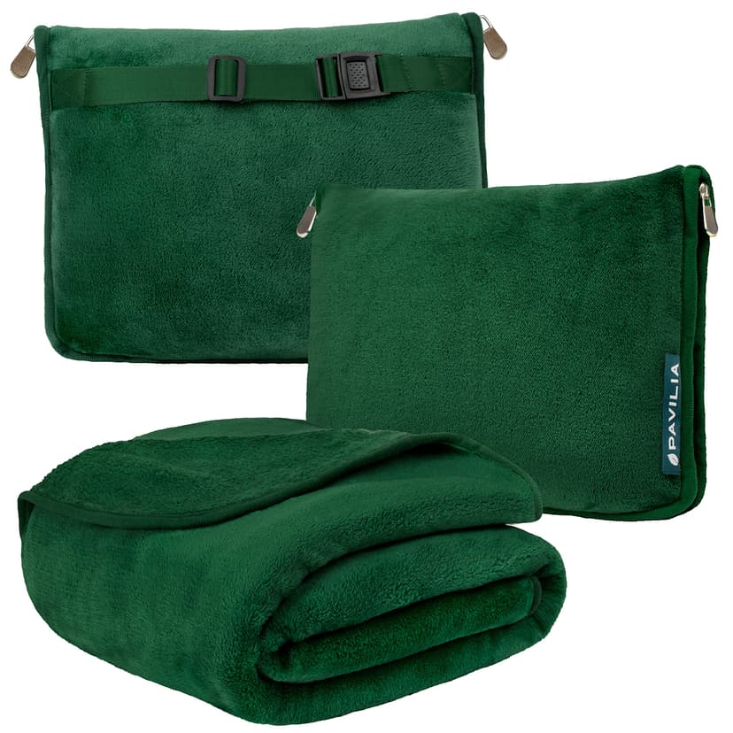 PAVILIA Travel Blanket Pillow, Soft Airplane Blanket 2-in-1 Combo Set, Plane Blanket Compact Packable, Flight Essentials Car Pillow, Travelers Gifts Accessories, Luggage Backpack Strap, 60x43 Green