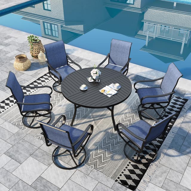 Sophia & William Outdoor Dining Set Patio Dining Set for 6 Round Patio Table and Chairs Set 7 Pieces Patio Set with Swivel Patio Chairs 54" Metal Table for Garden Pool All Weather Blue