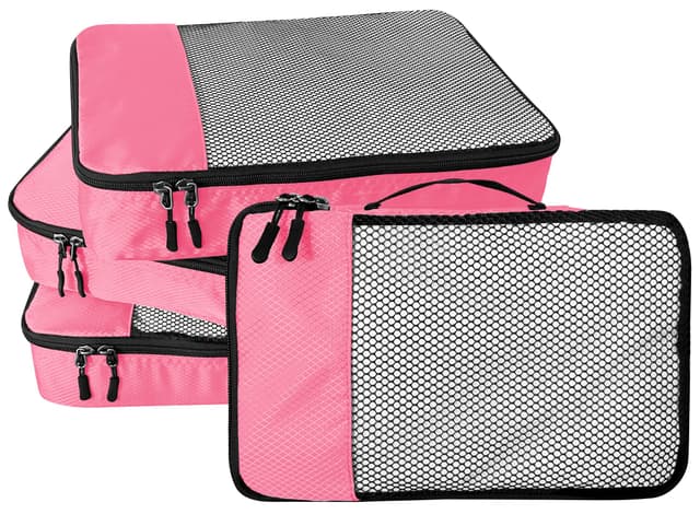 WTREE 4-Piece Packing Cubes Travel Accessories Set for Suitcases - Luggage Organizer Bags with Double Zipper - Mesh Top - Large - Pink