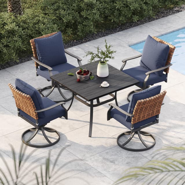 Grand patio 5-Piece Outdoor Dining Set, 4 Leather-Look Wicker Swivel Blue Patio Chairs & 1 Square Dining Table, Black