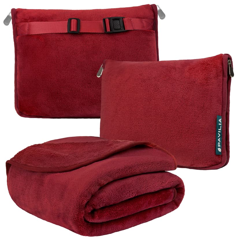 PAVILIA Travel Blanket Pillow, Soft Airplane Blanket 2-in-1 Combo Set, Plane Blanket Compact Packable, Flight Essentials Car Pillow, Travelers Gifts Accessories, Luggage Backpack Strap, 60x43 Red