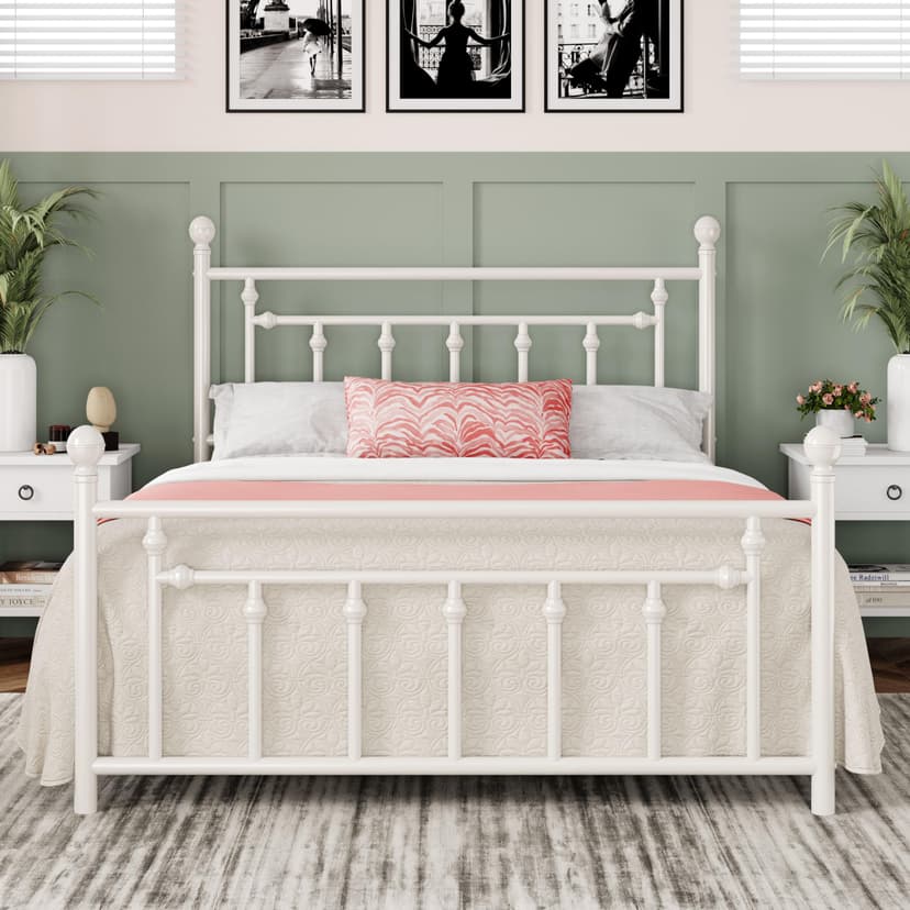 Allewie 14 Inch Queen Size Metal Platform Bed Frame with Victorian Vintage Headboard and Footboard/Mattress Foundation/Under Bed Storage/No Box Spring Needed/Easy Assembly/Noise Free/White
