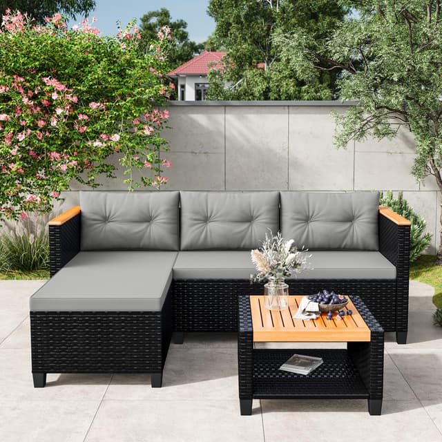 Wisteria Lane Small Patio Furniture Set, All-Weather PE Rattan Outdoor Sectional Sofa with Storage Table, L Shape Outdoor Couch with Cushions, 3 Piece Wicker Patio Furniture for Balcony, Grey
