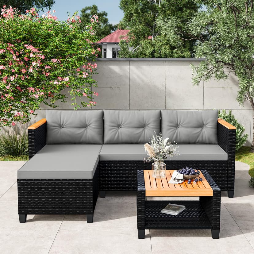 Wisteria Lane Small Patio Furniture Set, All-Weather PE Rattan Outdoor Sectional Sofa with Storage Table, L Shape Outdoor Couch with Cushions, 3 Piece Wicker Patio Furniture for Balcony, Grey