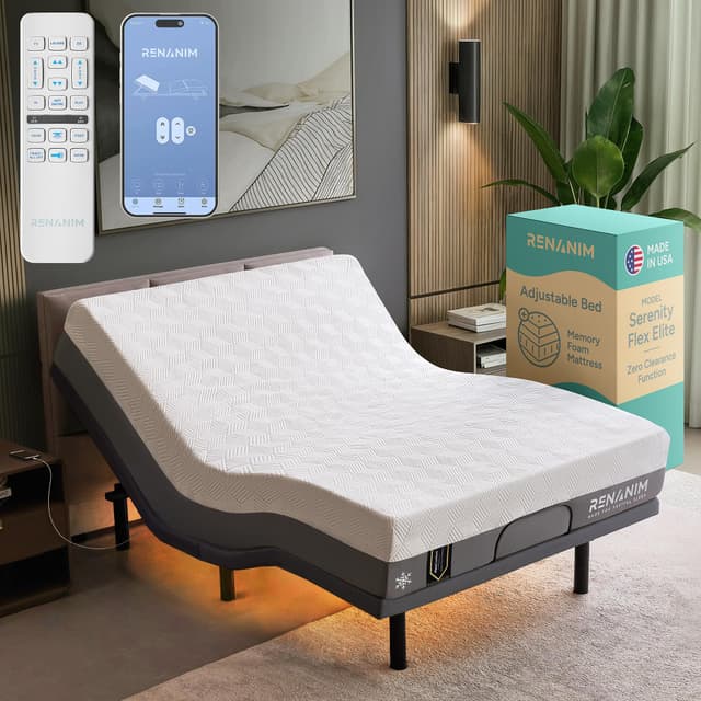 Renanim SFE Adjustable Bed with Mattress & Massage, Queen Adjustable Bed Frame + Medium Soft Mattress - Cooling Gel Memory Foam Mattres, USB, UnderBed Light, Wireless Remote