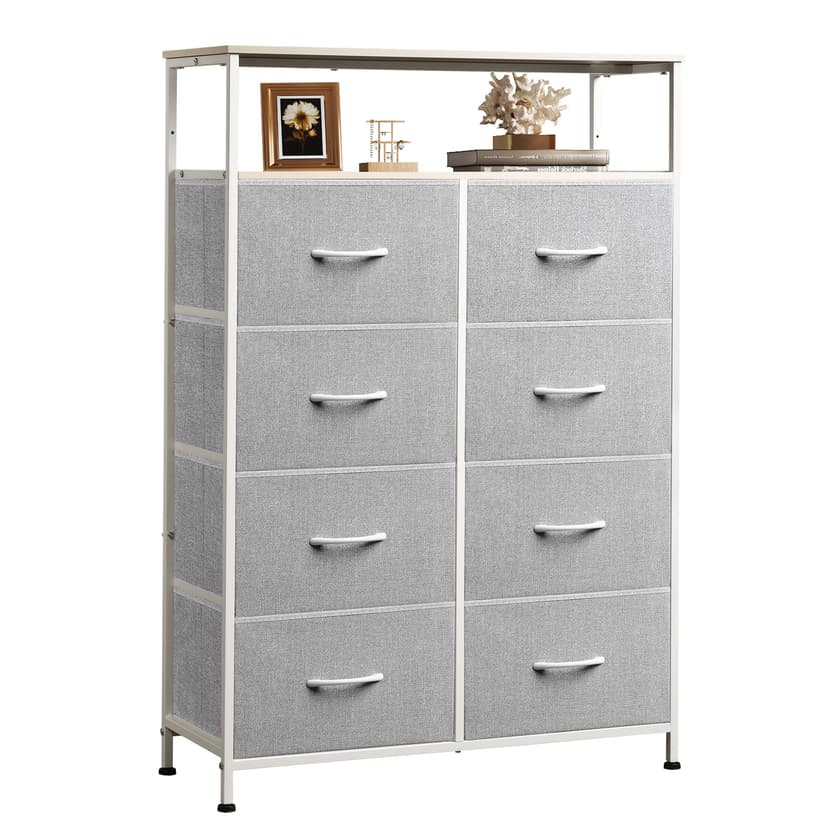 WLIVE Fabric Dresser for Bedroom with Open Shelves, Tall Dresser with 8 Drawers, Storage Tower with Fabric Bins, Chest of Drawers for Closet, Living Room, Hallway, Light Gray