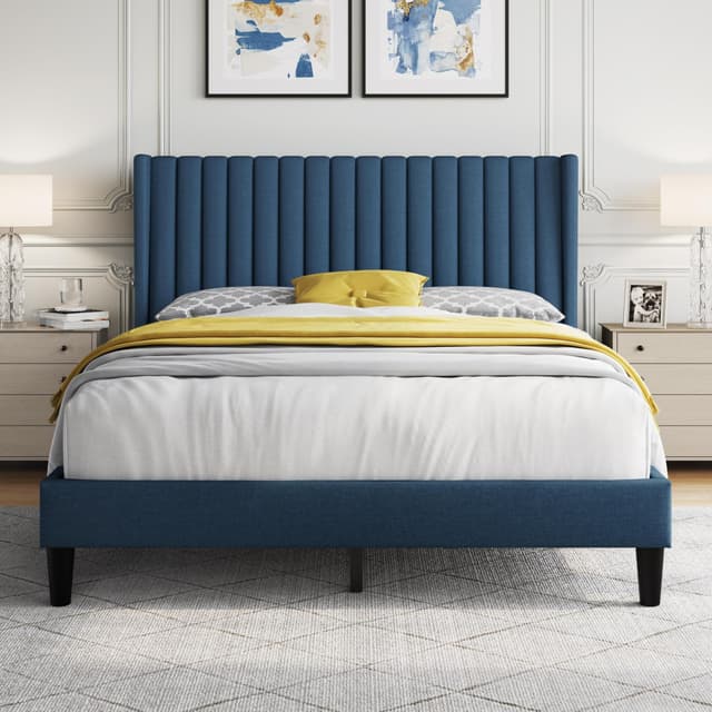 Yaheetech Queen Bed Frame Upholstered Platform Bed with Fabric Headboard, Wing Edge Design/Non-Slip and Noise-Free/Wooden Slats Support/No Box Spring Needed/Easy Assembly, Navy Blue Queen Bed