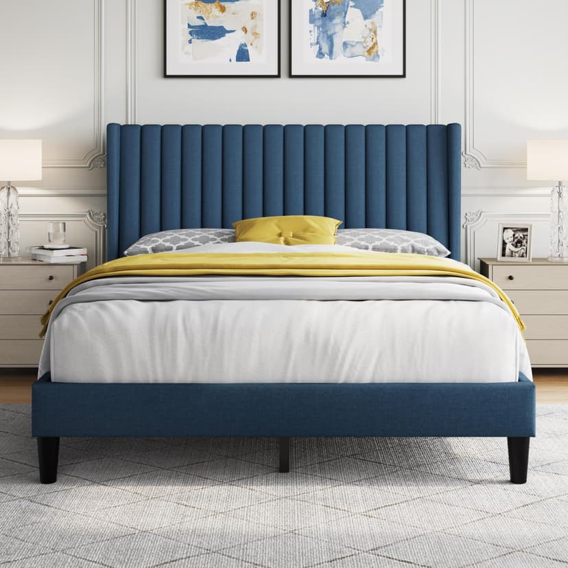 Yaheetech Queen Bed Frame Upholstered Platform Bed with Fabric Headboard, Wing Edge Design/Non-Slip and Noise-Free/Wooden Slats Support/No Box Spring Needed/Easy Assembly, Navy Blue Queen Bed