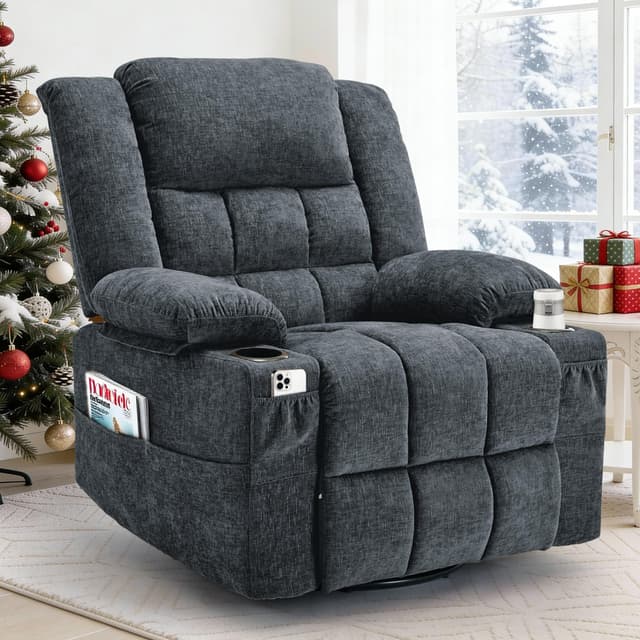 Korser 360° Swivel Rocker Recliner for Adults, Nursery Glider Recliner with Massage and Heating, Rocking Chair with Cup Holder, Manual Recliner Chair for Living Room, Bedroom (Fabric, Dark Gray)