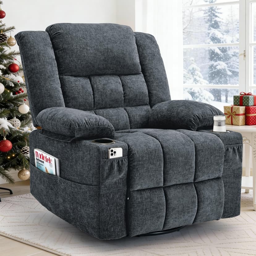 Korser 360° Swivel Rocker Recliner for Adults, Nursery Glider Recliner with Massage and Heating, Rocking Chair with Cup Holder, Manual Recliner Chair for Living Room, Bedroom (Fabric, Dark Gray)