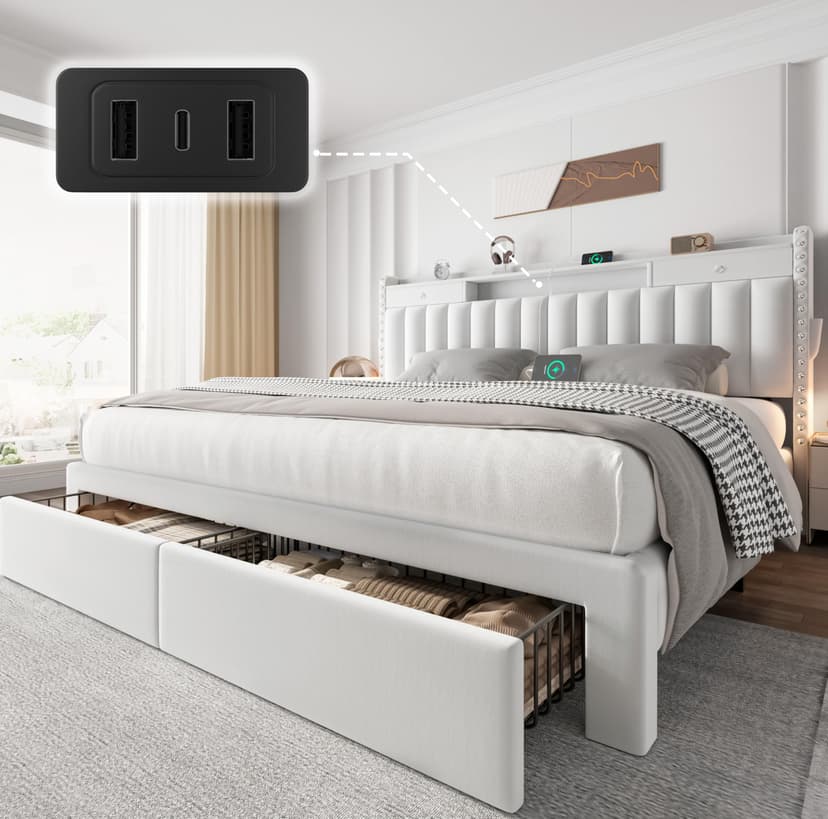 CypBed King Size Bed Frame with 4 Storage Drawers,Velvet Upholstered Platform King Bed Frame and Headboard, 3 USB & Type-C Charging Ports, Solid Wood Slats, No Box Spring Needed, No-Noise, White,Gifts