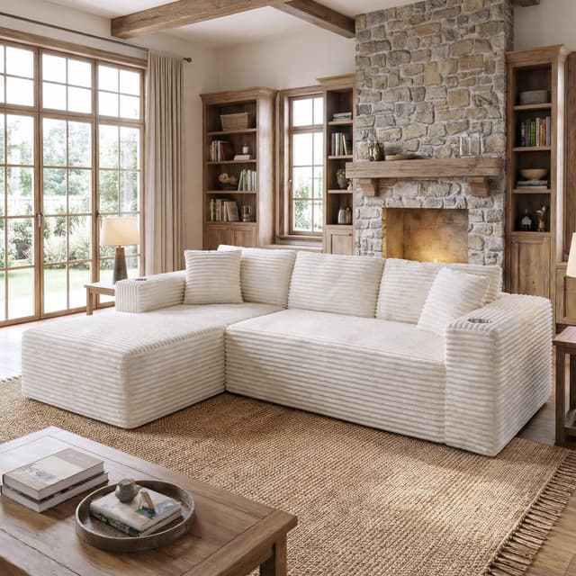 Shintenchi Boneless Couches for Living Room,Modular Sectional Sofa with 2 Cup Holders,Memory Foam Cloud Couch with L Shaped Oversized Chaise,No Assembly Needed Plush Corduroy Sofa