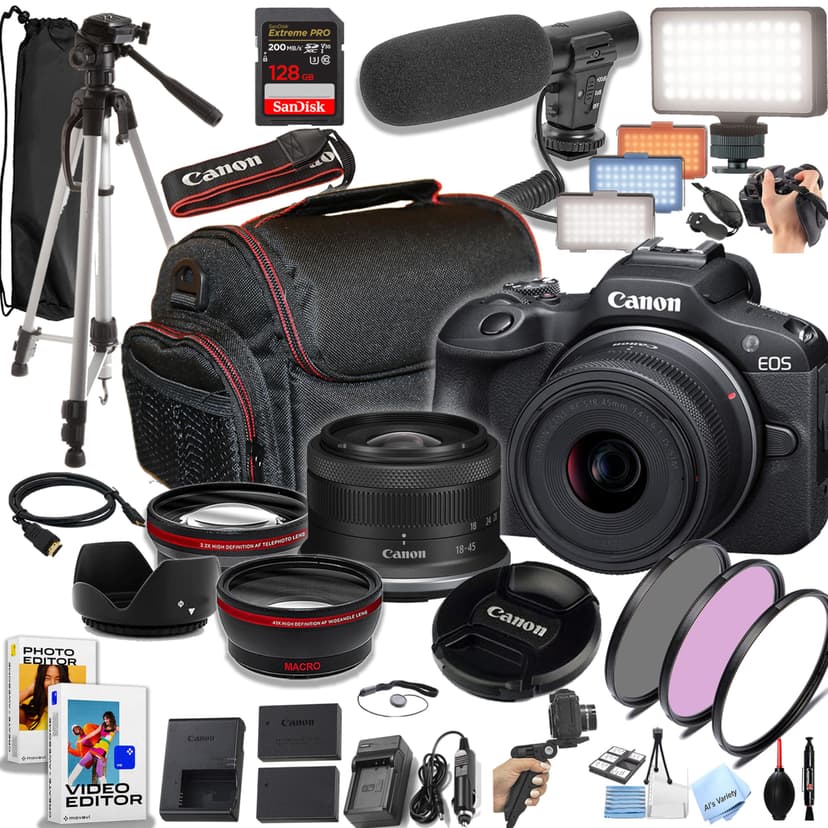 Canon EOS R100 24.2MP APS-C CMOS Sensor Mirrorless Camera with 18-45mm Lens, 128GB Extreme Speed Memory, Video Light, Microphone, Grip, Filters, Lenses, Case, Software, More (Premium Bundle) (Renewed)