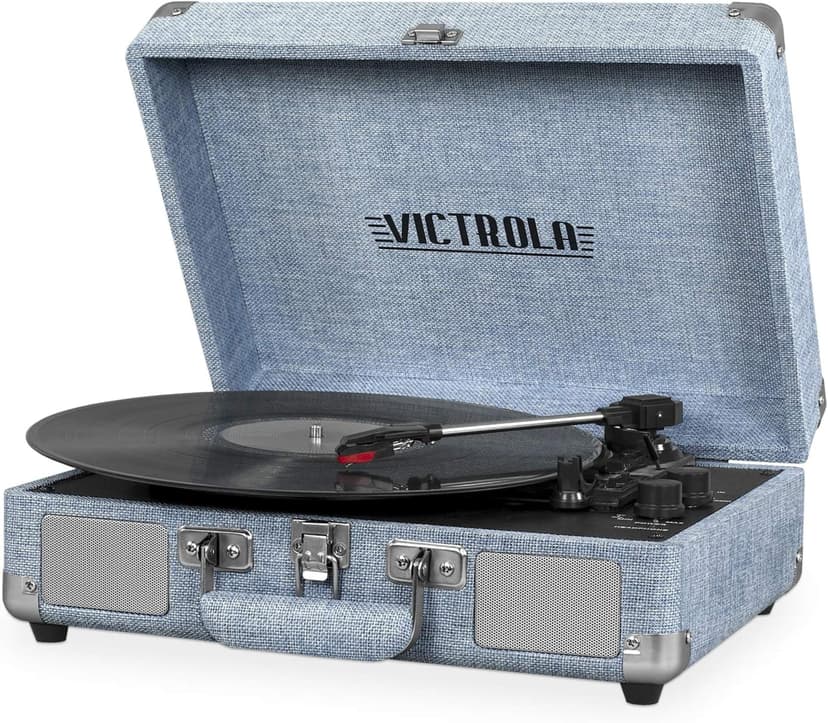 Victrola Journey Bluetooth Portable Suitcase Record Player – with Built-in Speakers, 3 Speed Vinyl Record Player, RCA Out, Headphone Jack (Light Denim Blue Linen)