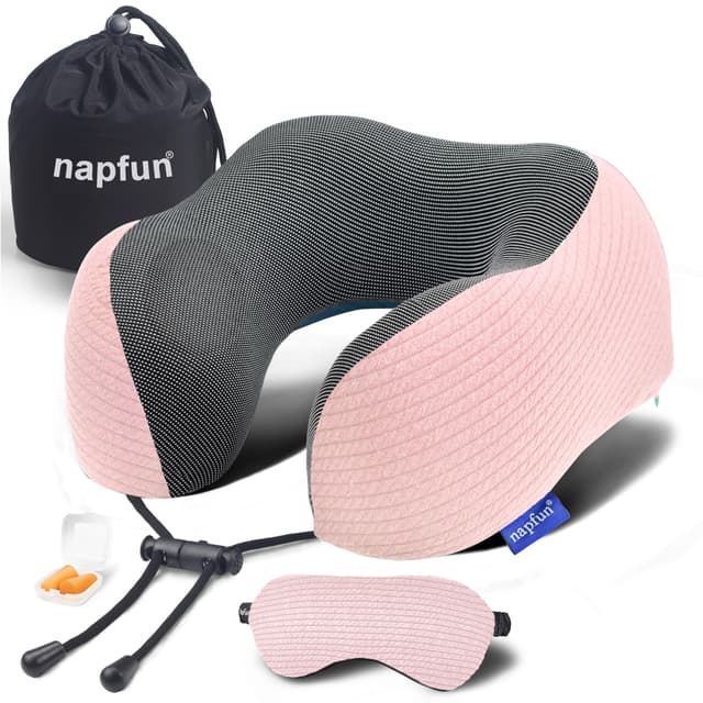 napfun Neck Pillow for Traveling, Upgraded Travel Neck Pillow for Airplane 100% Pure Memory Foam Travel Pillow for Flight Headrest Sleep, Portable Plane Accessories, Pink Striped Kit