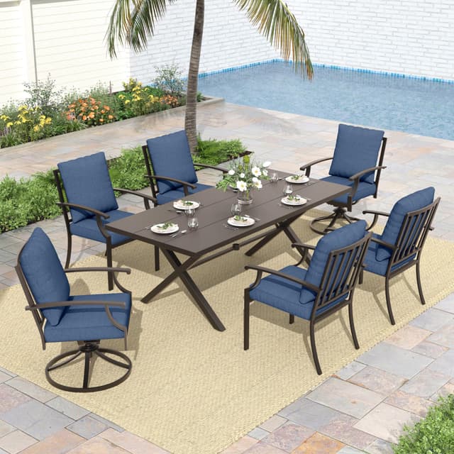 ALAULM 7-Piece Patio Dining Table and Chairs for 6 Outdoor Dining Set with 2 Swivel Chairs Patio Dining Sets with Rectangular Metal Table with Umbrella Hole for Patio, Backyard, Garden-Dark Blue