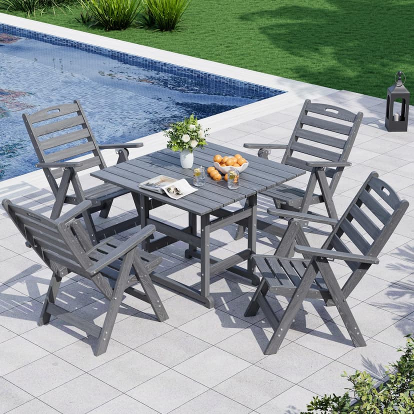 PamapicLife 5-Piece Outdoor Dining Set, No-Assembly Foldable Chairs, All-Weather HDPE Outdoor Table and Chairs with Elegant Armrest, Patio Furniture Sets with Umbrella Hole for Patio, Gray
