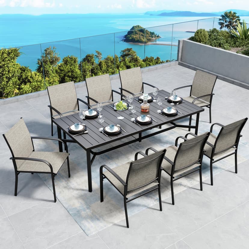 SUNSHINE VALLEY Patio Dining Set 9 PCS, 8 Stable Outdoor Dining Chairs with Rectangular Dining Table, Patio Table and Chairs Set for Lawn,Deck and Backyard