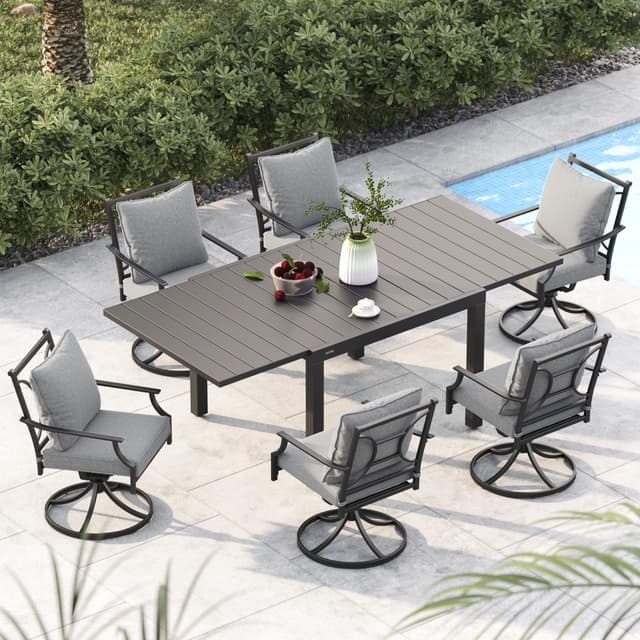 Grand patio 7-Piece Patio Dining Set for 6, 6 E-Coated Outdoor Dining Set Swivel Patio Dining Chairs with Olefin Cushions & 1 Black Extendable Rectangular Table for 4-6 Person