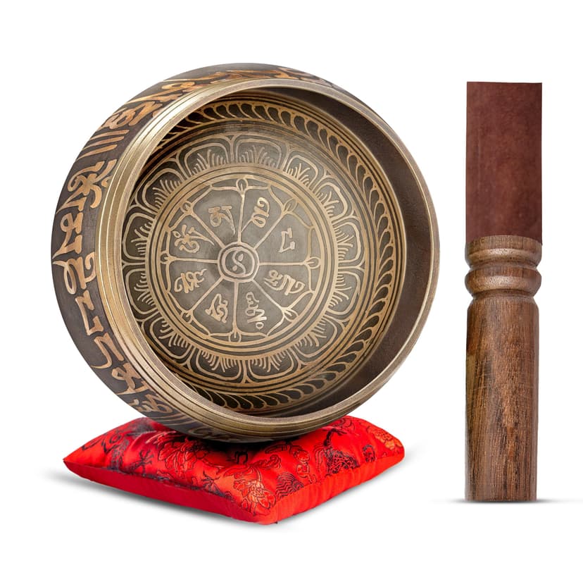 Premium Tibetan Singing Bowl Set – Handmade in Nepal Sound & Meditation Bowl – Spiritual Decor for Yoga, Wellness Spaces & Relaxation by Himalayan Bazaar (Brown & Red)