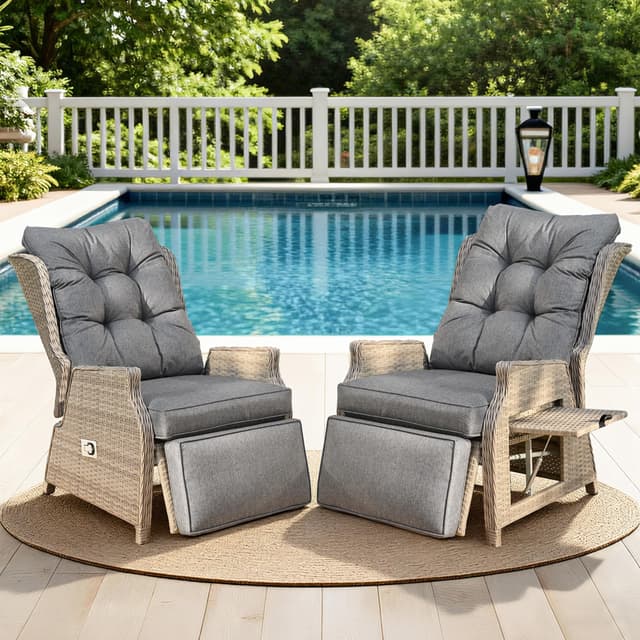 COMLAX FIELD Outdoor Recliner with Adjustable Back and Footrest, Patio 150° Lay Flat Recliner with Flip Table Wicker Reclining Lounge Chair, Grey with Beige Wicker 2PCS