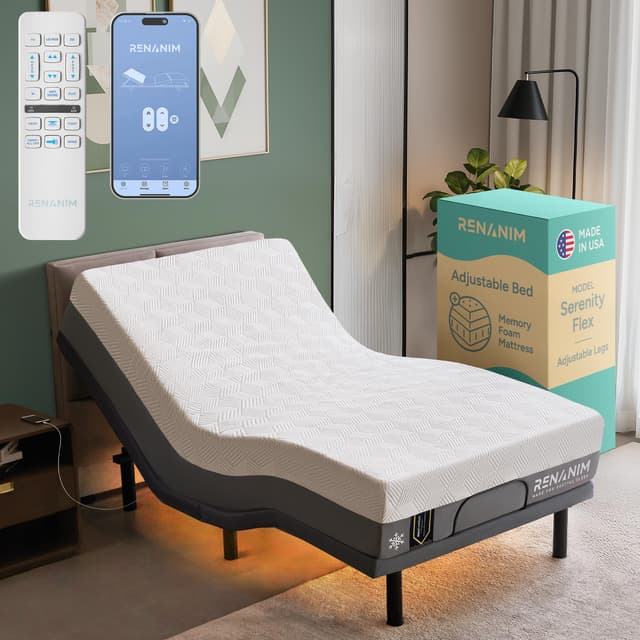 Renanim SF Adjustable Bed Frame with Mattress Included Massage - Twin XL Adjustable Bed + Medium Soft Mattress - Cooling Gel Memory Foam Mattres, USB, UnderBed Light Zero Gravity Electric Base