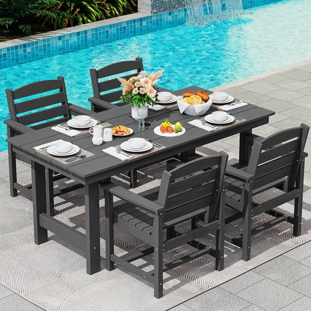 SERWALL Patio Dining Table Sets 5-Piece, Outdoor HDPE Dining Furniture Set with Umbrella Hole Cut-Out Table and 4 Chairs, All Weather Dining Set for Lawn, Garden, Backyard, Poolside, Black