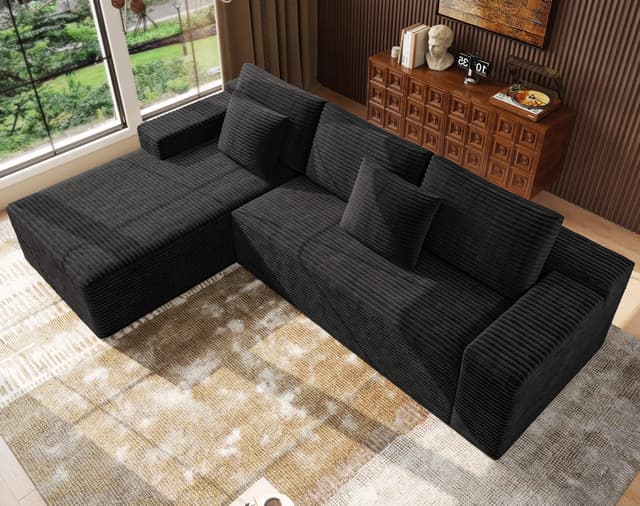 Boneless Modular Sectional Sofa, Cloud Couch with Left Facing Chaise, Oversized Deep Seat, L-Shaped, Soft Corduroy Fabric, Sectional Couch for Living Room -Black