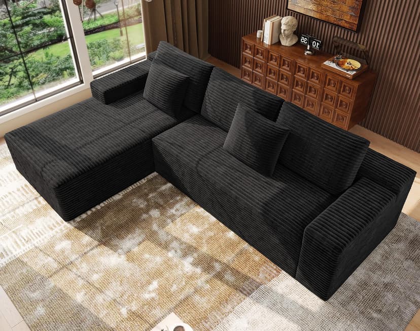 Boneless Modular Sectional Sofa, Cloud Couch with Left Facing Chaise, Oversized Deep Seat, L-Shaped, Soft Corduroy Fabric, Sectional Couch for Living Room -Black
