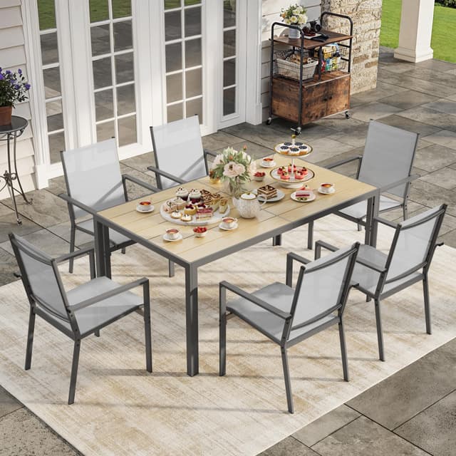 Ahomly Patio Table and Chairs Set for 6, Outdoor Dining Set Includes 59.5" Rectangle Patio Table with Side Umbrella Hole and 6 Textilene Fabric Patio Chairs for Courtyard, Backyard, Pool, Grey&Brown