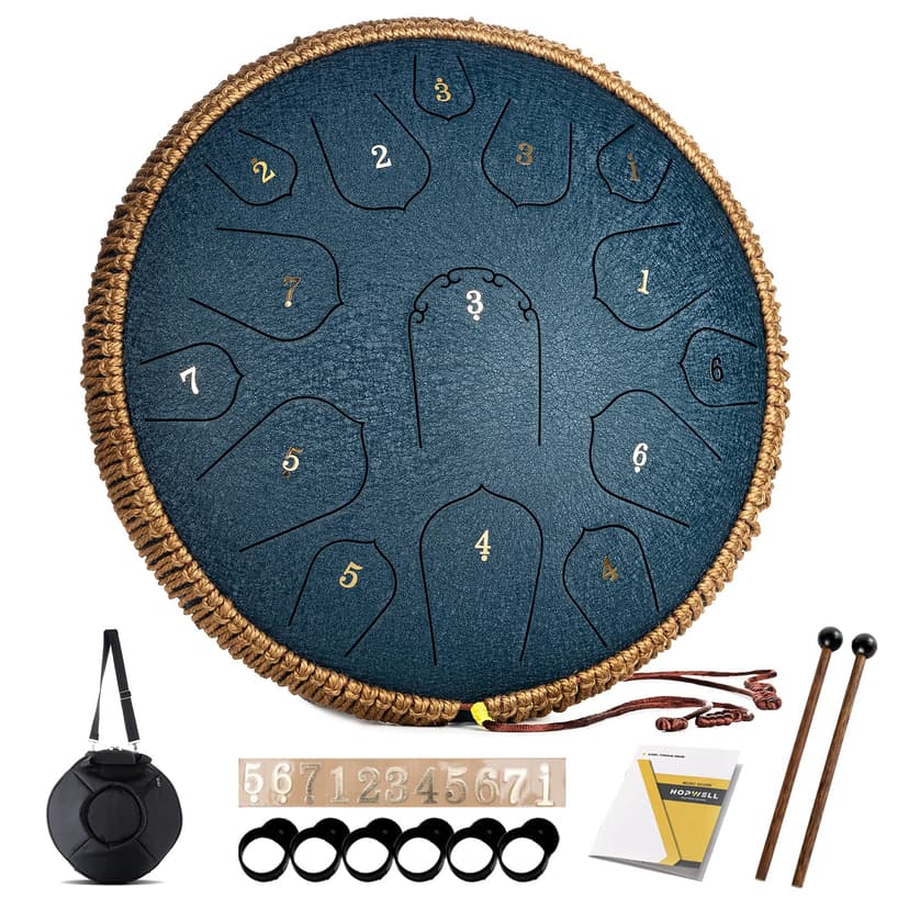 HOPWELL Steel Tongue Drum - 14 Inch 15 Note Tongue Drum - Hand Pan Drum with Music Book, Handpan Drums Mallets and Carry Bag, D Major (Navy Blue)