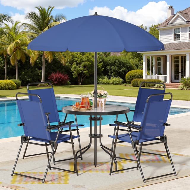 Shintenchi 6 Piece Patio Dining Set with Umbrella, Outdoor Furniture Set with 4 Folding Chairs and Tempered Glass Top Dining Table fot Lawn Backyard Garden Porch Blue