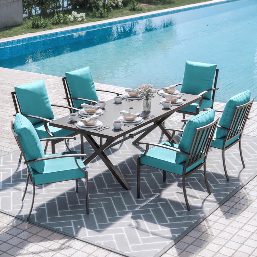 ALAULM 7-Piece Patio Dining Table and Chairs Outdoor Dining Set for 6 Patio Dining Sets with Rectangular Metal Table with Umbrella Hole for Patio, Backyard, Garden-Blue