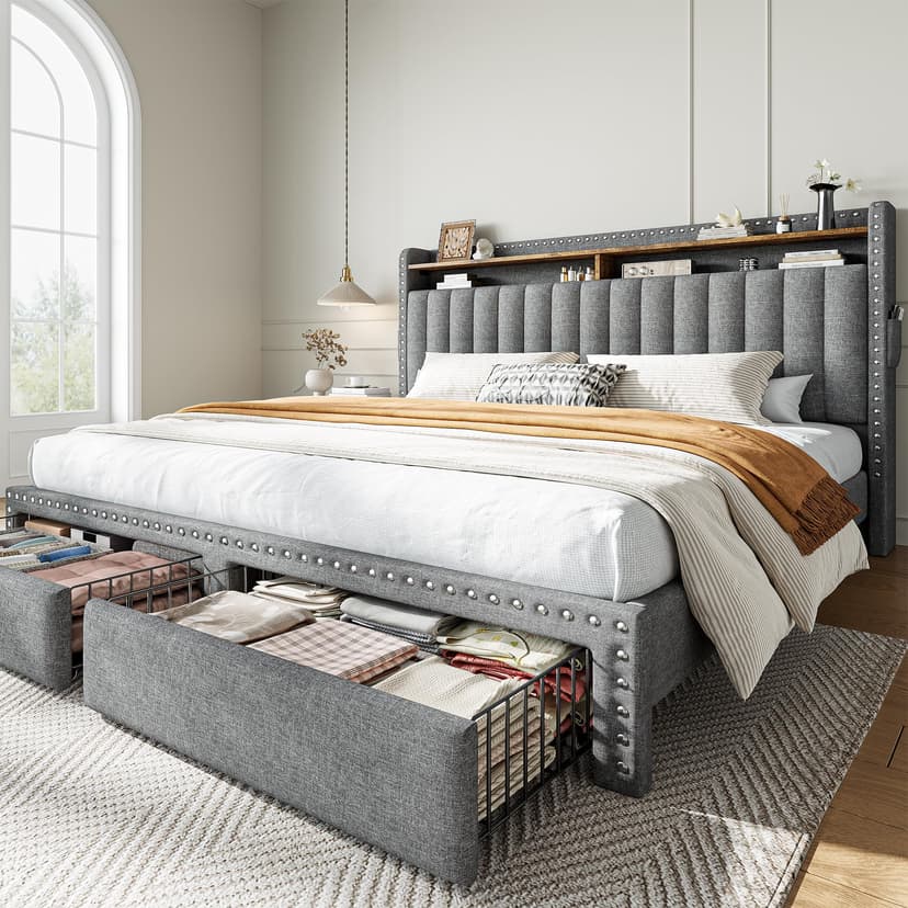 EnHomee King Size Bed Frame with 2 Metal Storage Drawers, Vertical Tufted Upholstered King Platform Bed with Headboard Shelf, 1000lbs Heavy Duty, No Box Spring Needed,Easy Assembly,Grey
